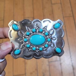 Midwestern Turquoise and Silver Metal Belt Buckle